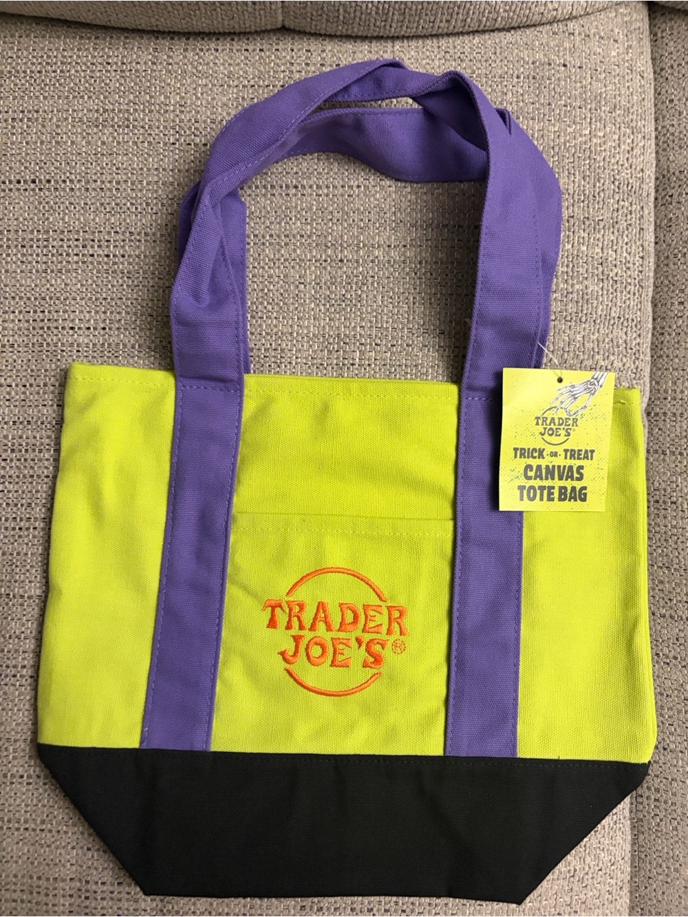 Trader Joe's Lime Green Canvas Tote with Purple Straps